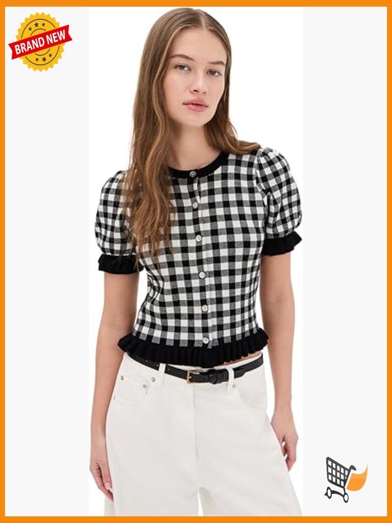 Lightweight Gingham Check Cardigan With Puff Sleeves